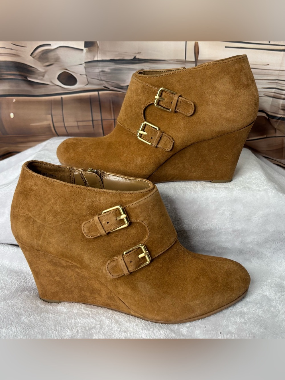 Anne Klein Aktylor Suede Wedge Booties Cognac Tan Double Buckle Women's 8M